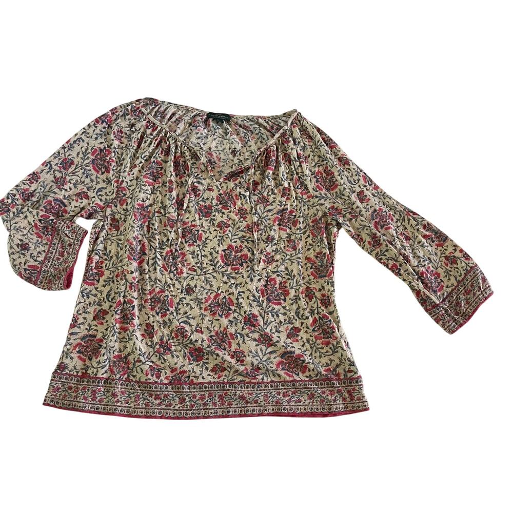 Lauren Ralph Lauren Boho Floral Casual Top Sz L Notch Neckline